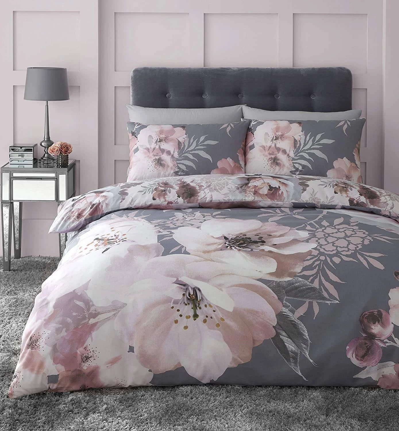 Catherine Lansfield Dramatic Floral Grey Duvet Set 1 Catherine Lansfield Dramatic Floral Grey Duvet Set